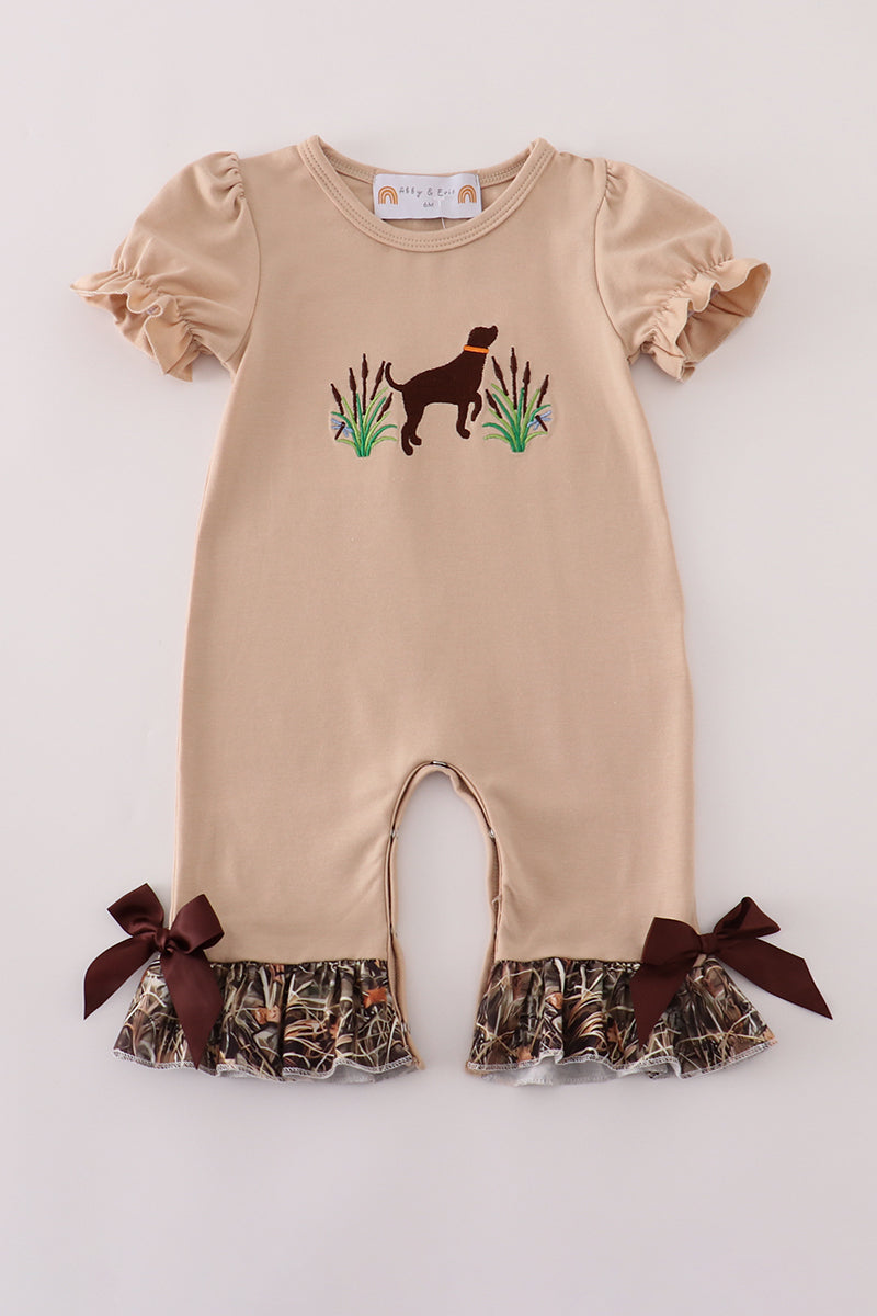 Camoflauge Hound Embroidery Girl Ruffle Romper Honeydew
