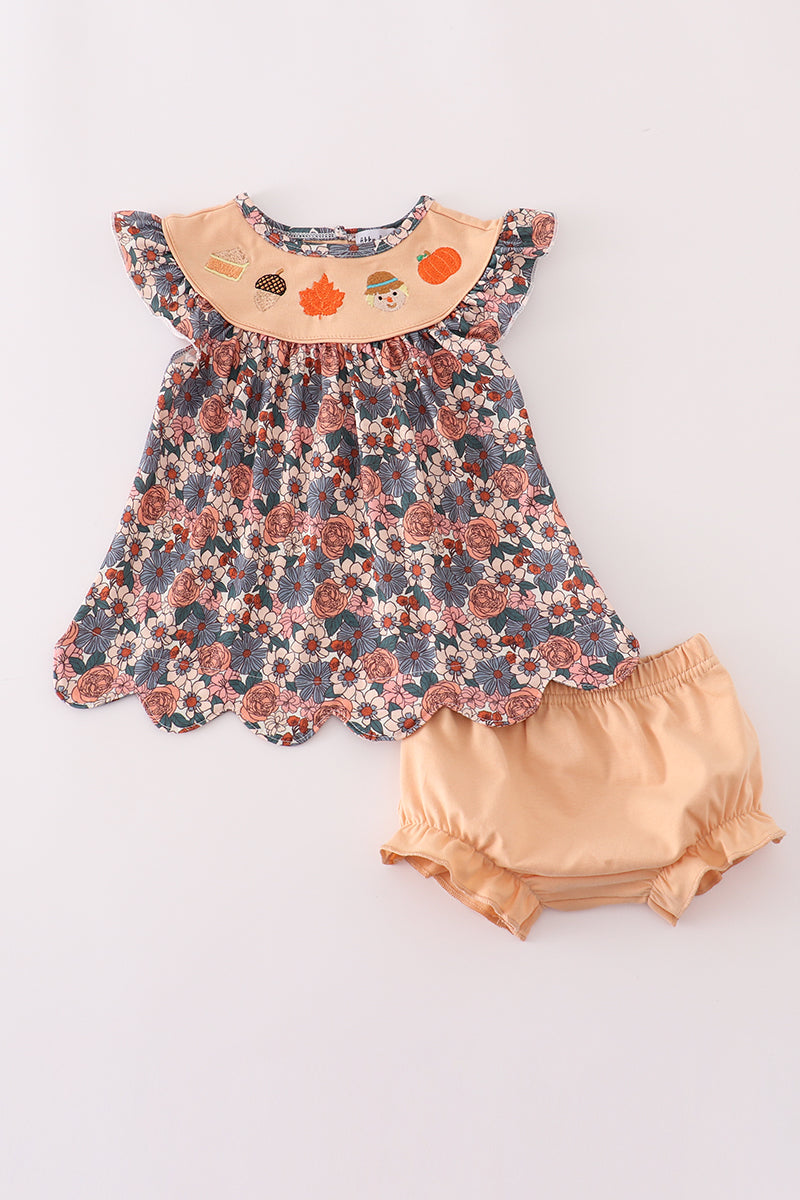 Fall Floral Print Pumpkin Embroidery Bloomer Set Honeydew