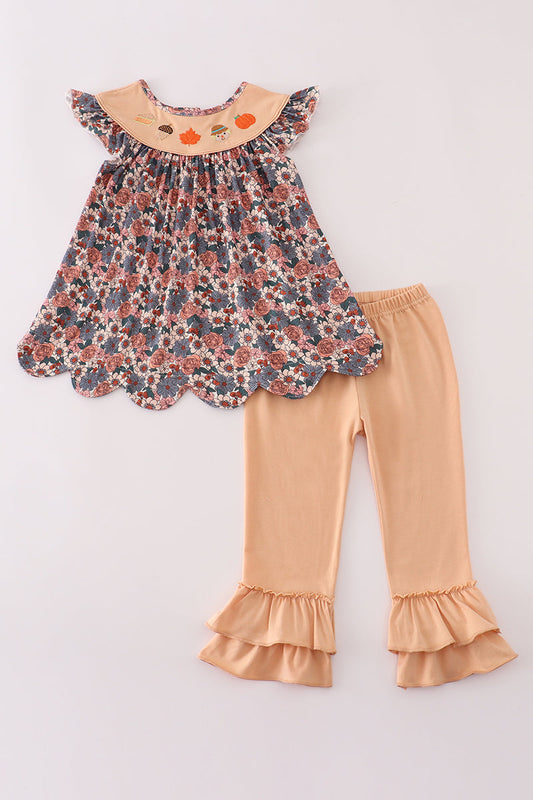 Fall Floral Print Pumpkin Embroidery Pants Set Honeydew