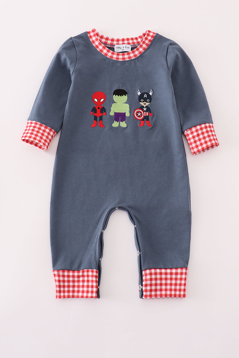 Navy Hero Character Embroidery Long Sleeve Boy Romper Honeydew