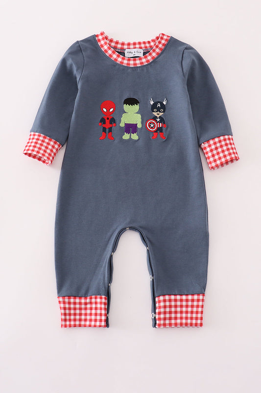 Navy Hero Character Embroidery Long Sleeve Boy Romper Honeydew