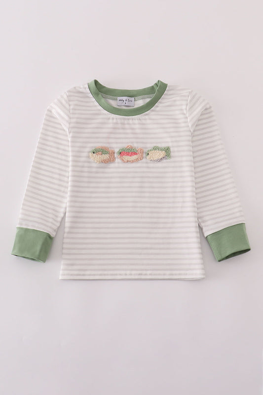 Sage Fish French Knot Stripe Top Honeydew