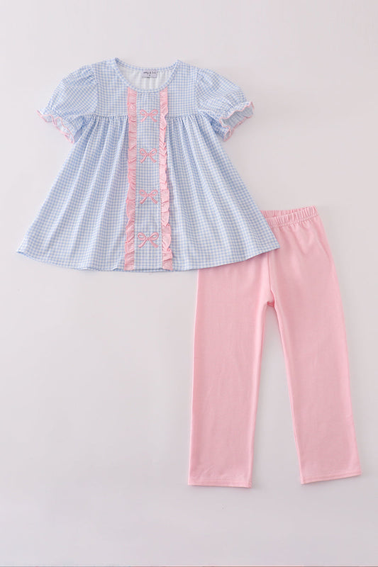 Blue Bow Embroidery Gingham Ruffle Pants Set Honeydew