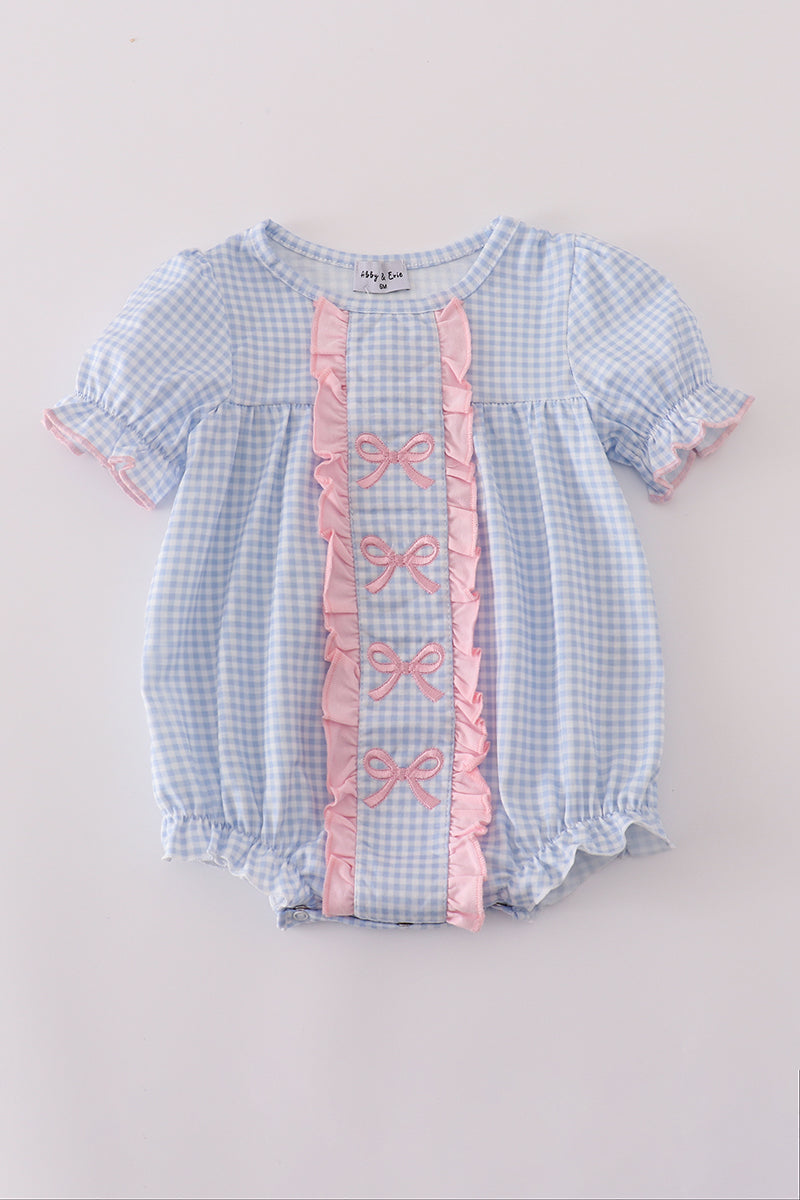 Blue Bow Embroidery Gingham Ruffle Bubble Honeydew