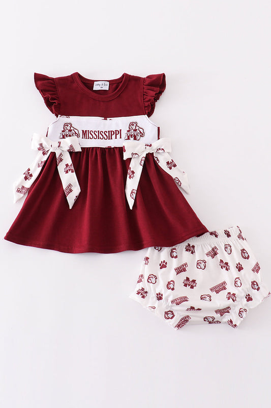 Maroon Mississippi Embroidery Girl Bloomer Set Honeydew