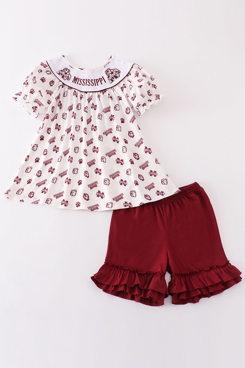 Maroon Mississippi Embroidery Girl Short Set Honeydew