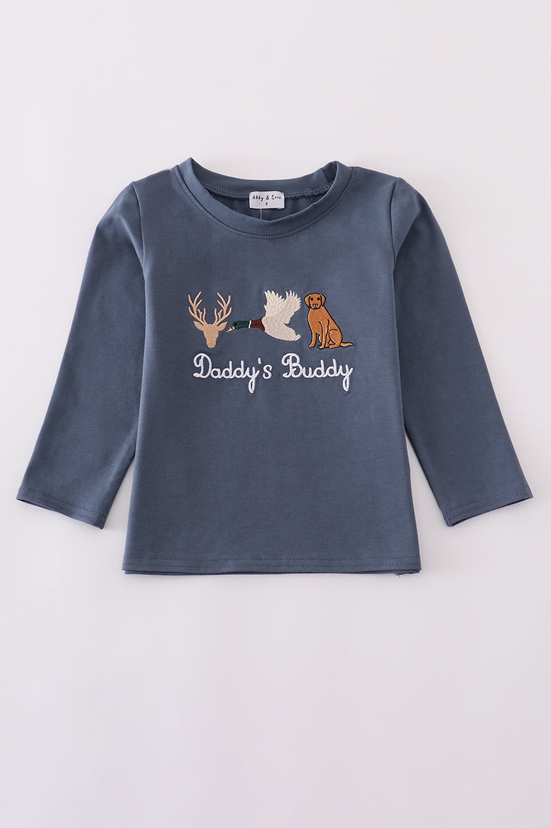 Daddy's Buddy Navy Hunting Embroidery Boy Top Honeydew