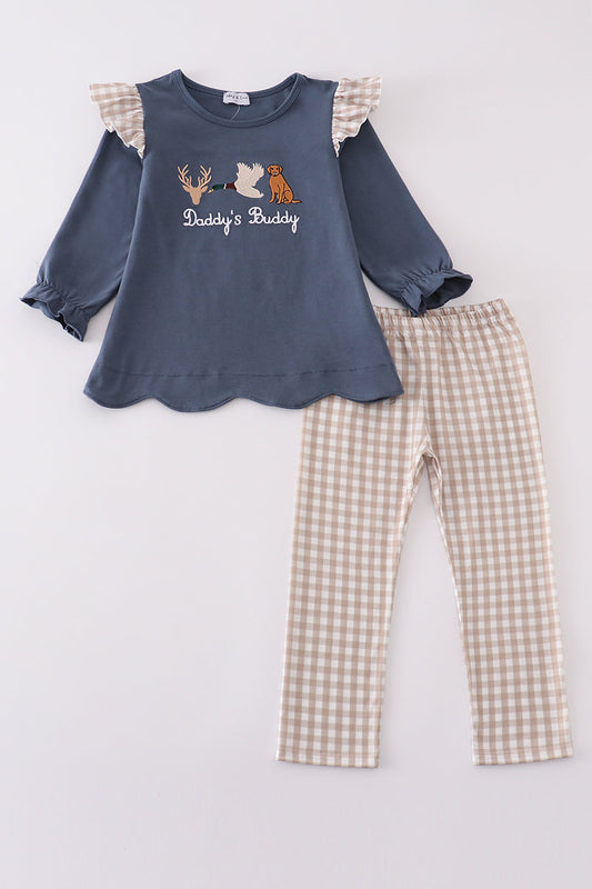 Daddy's Buddy Navy Hunting Ruffle Embroidery Girl 2 Pc Set Honeydew