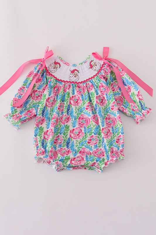 Pink Paradise Santa Claus Smocked Girl Bubble Honeydew