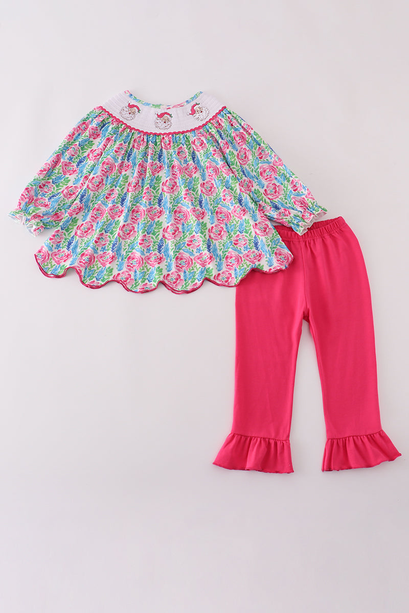 Pink Paradise Santa Claus Smocked Girl Pants Set Honeydew