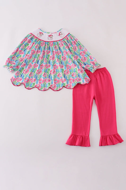 Pink Paradise Santa Claus Smocked Girl Pants Set Honeydew