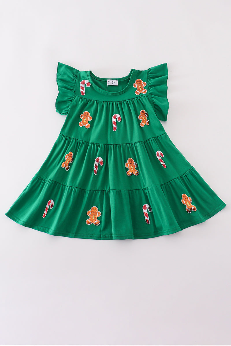 Green Candy Cane Gingerbread Sequin Tiered Ruffle Dress Honeydew