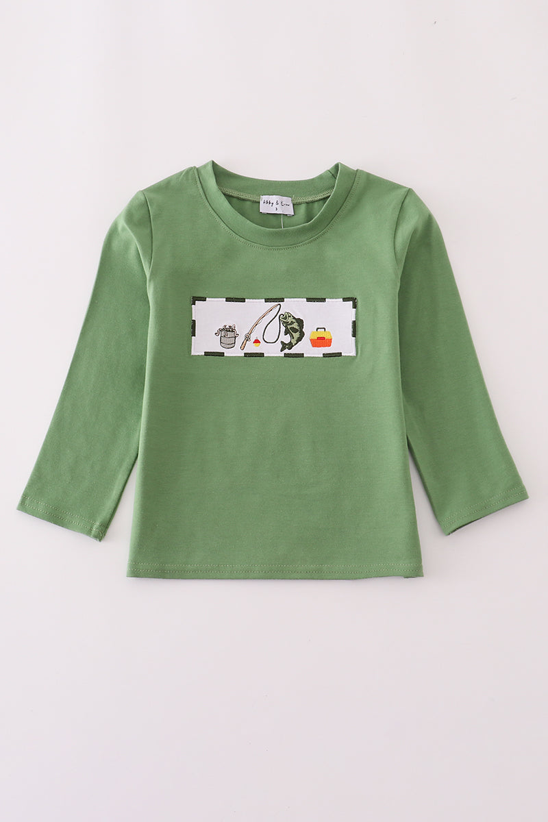 Green Fishing Embroidery Long Sleeve Boy Top Honeydew