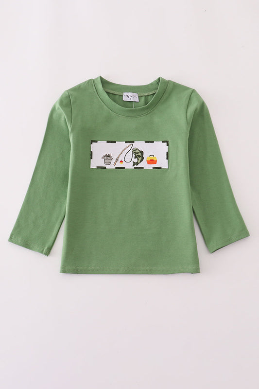 Green Fishing Embroidery Long Sleeve Boy Top Honeydew