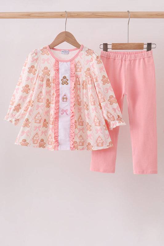 Pink Gingerbread Embroidery Ruffle Girl Set Honeydew