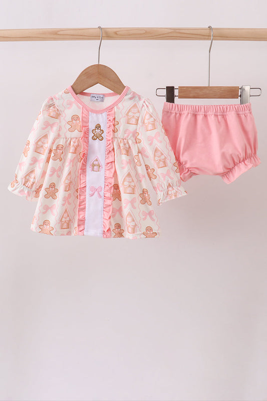 Pink Gingerbread Embroidery Ruffle Girl Bloomer Set Honeydew