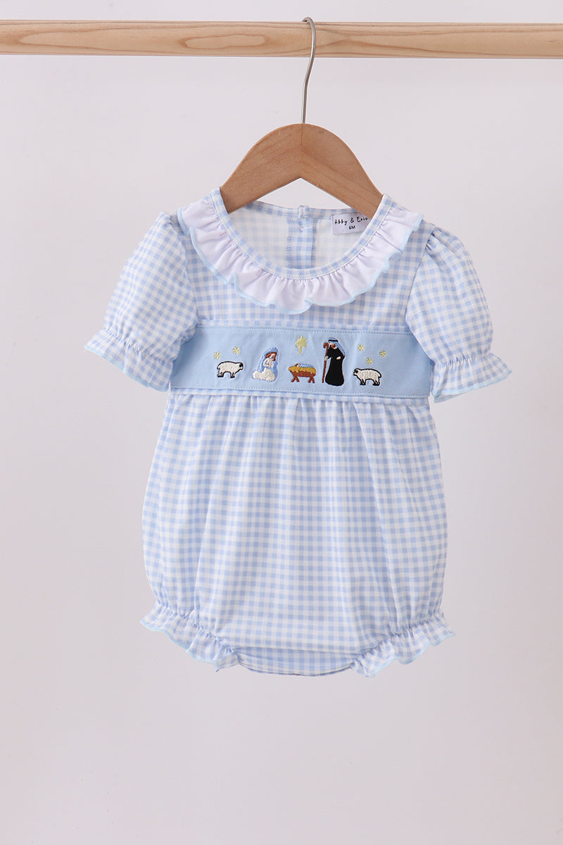 Blue Nativity Embroidery Girl Ruffle Bubble Honeydew