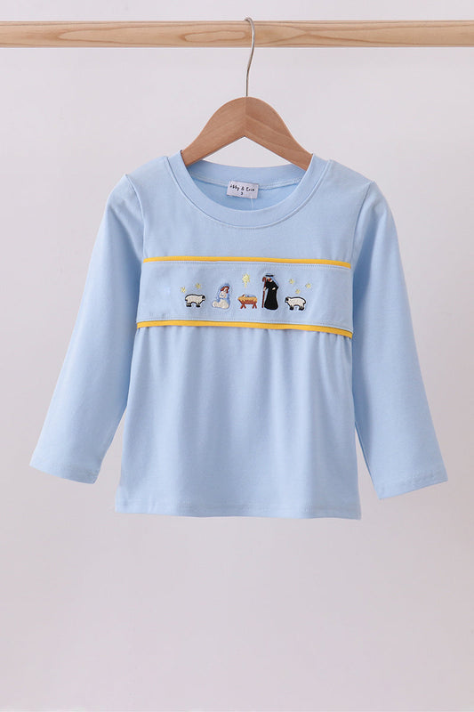 Blue Nativity Embroidery Shirt Honeydew
