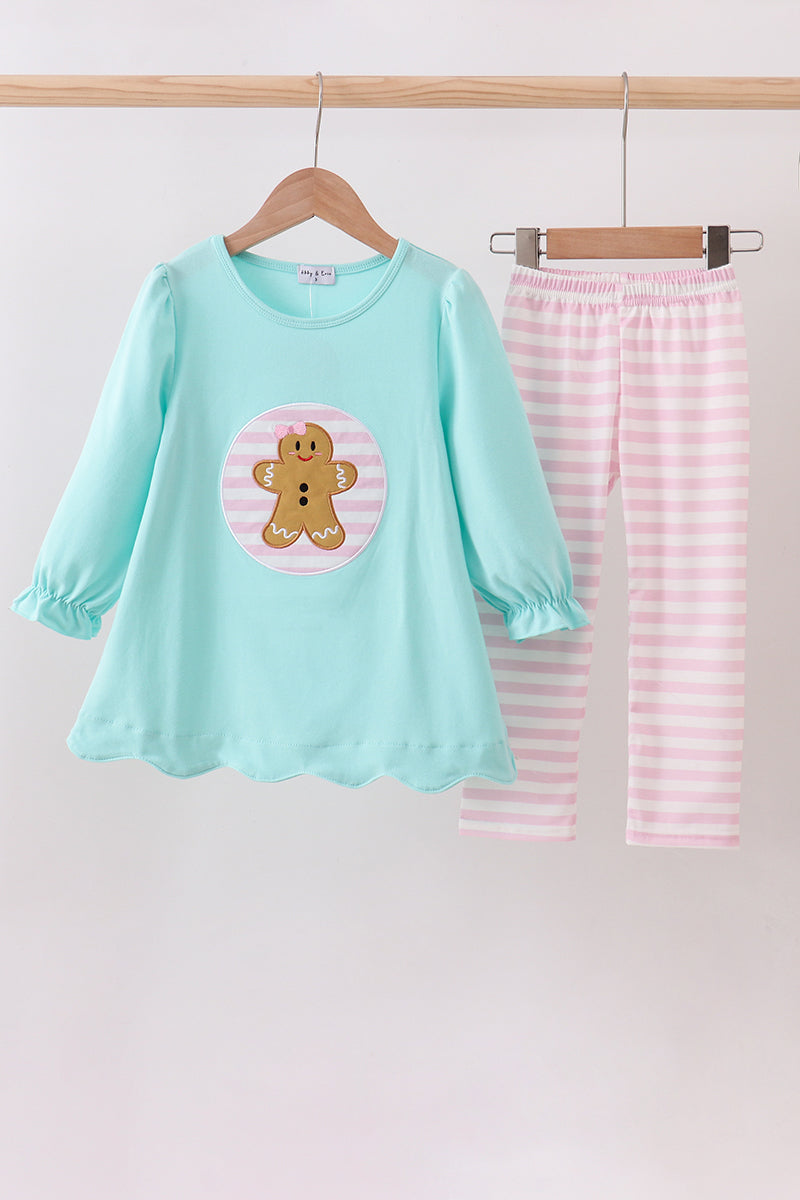 Blue Gingerbread Applique Ruffle Girls Pants Set Honeydew
