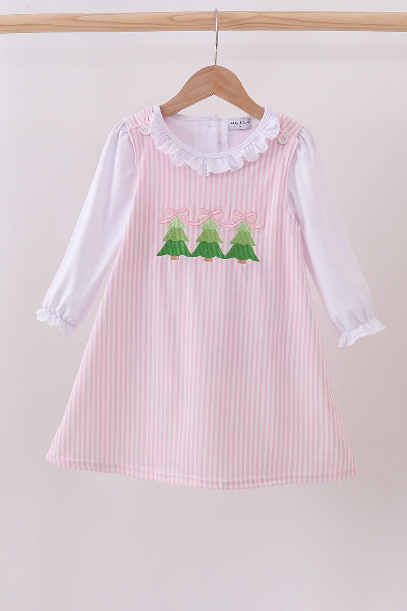 Pink Christmas Tree Embroidery Ruffle Dress Honeydew