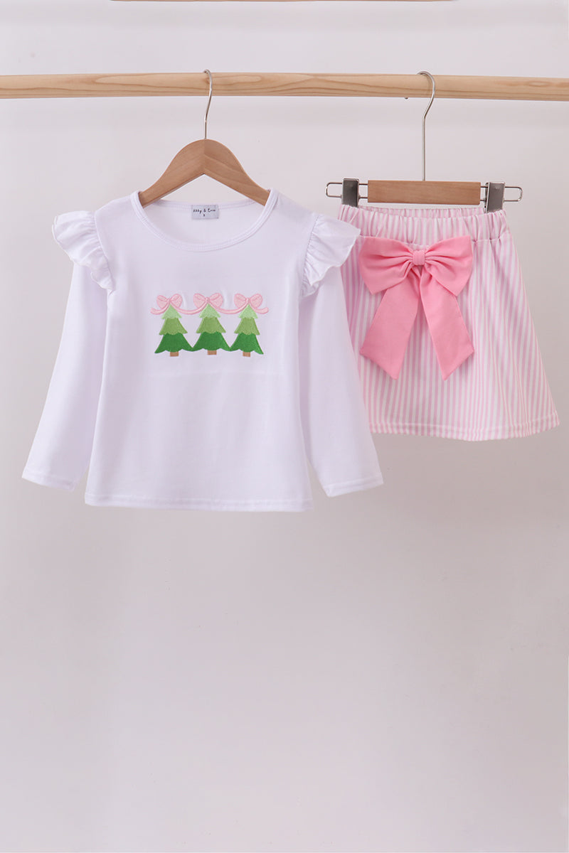 Pink Christmas Tree Embroidery Skort Set Honeydew