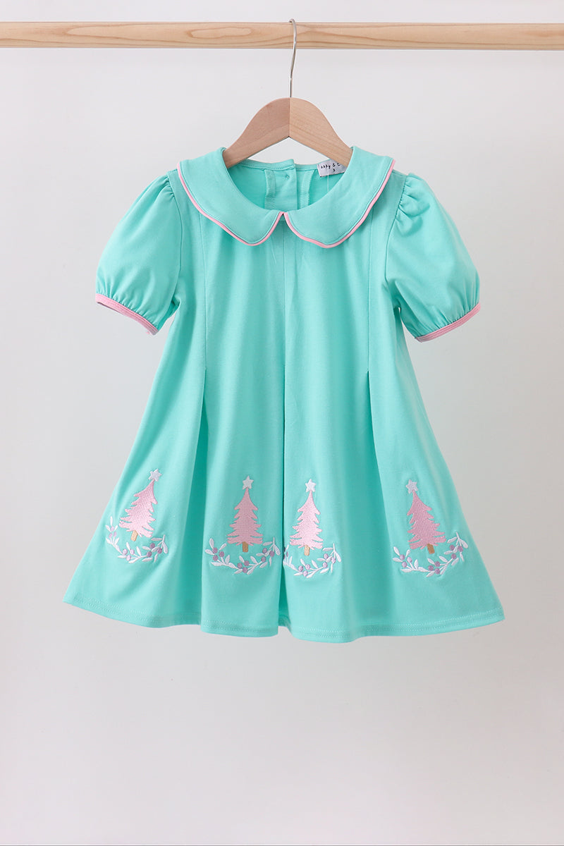 Mint and Pink Christmas Tree Embroidered Pleated Dress Honeydew