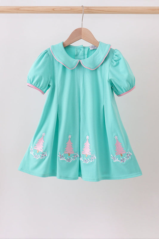 Mint and Pink Christmas Tree Embroidered Pleated Dress Honeydew
