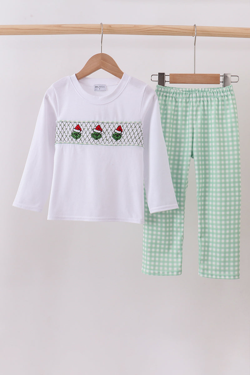 Green Mean One Smocked Gingham Boys Pants Set Honeydew