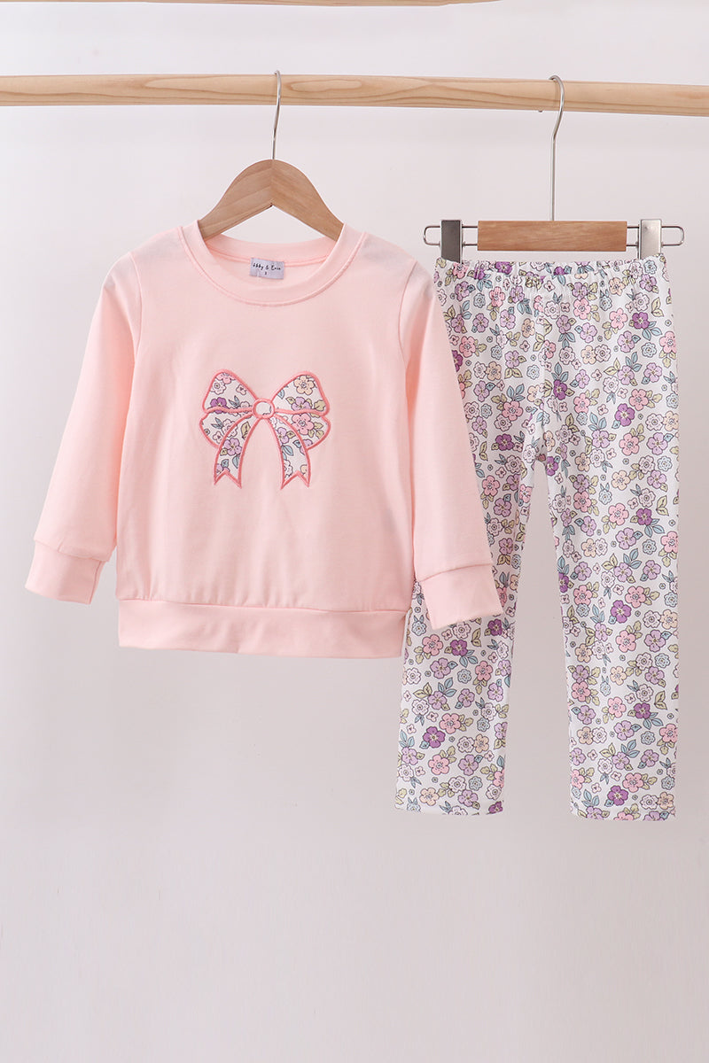 Pink Floral Bow Applique Ruffle Pants Set Honeydew