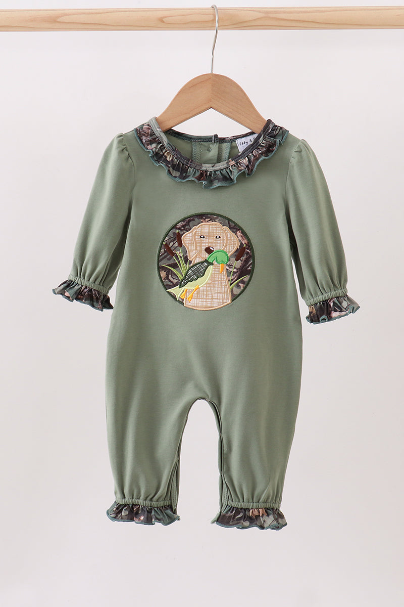 Camouflage Dog Hunting Applique Girl Ruffle Romper Honeydew