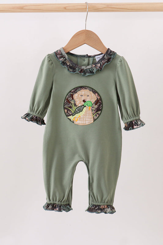 Camouflage Dog Hunting Applique Girl Ruffle Romper Honeydew