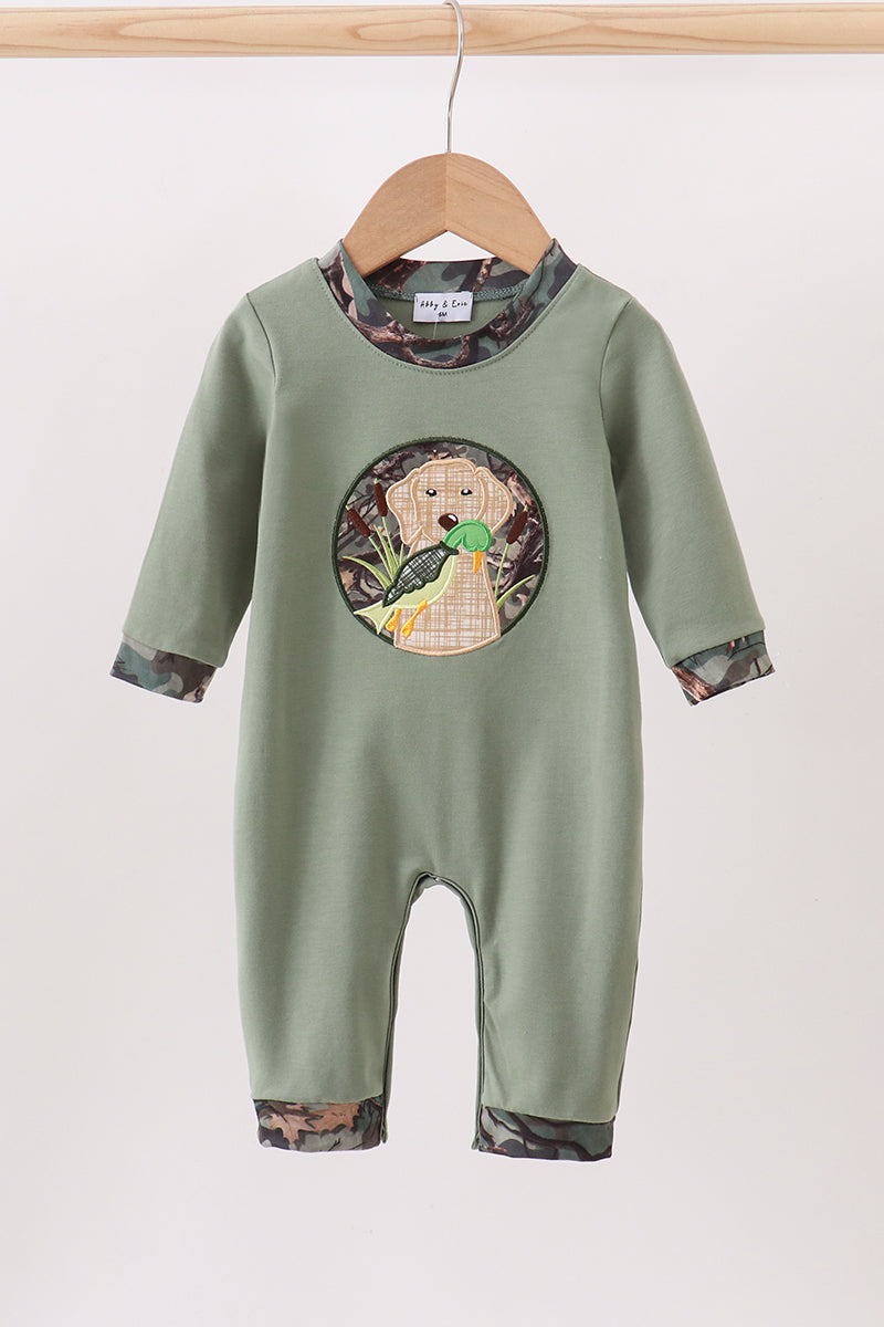 Camouflage Dog Hunting Applique Boy Romper Honeydew