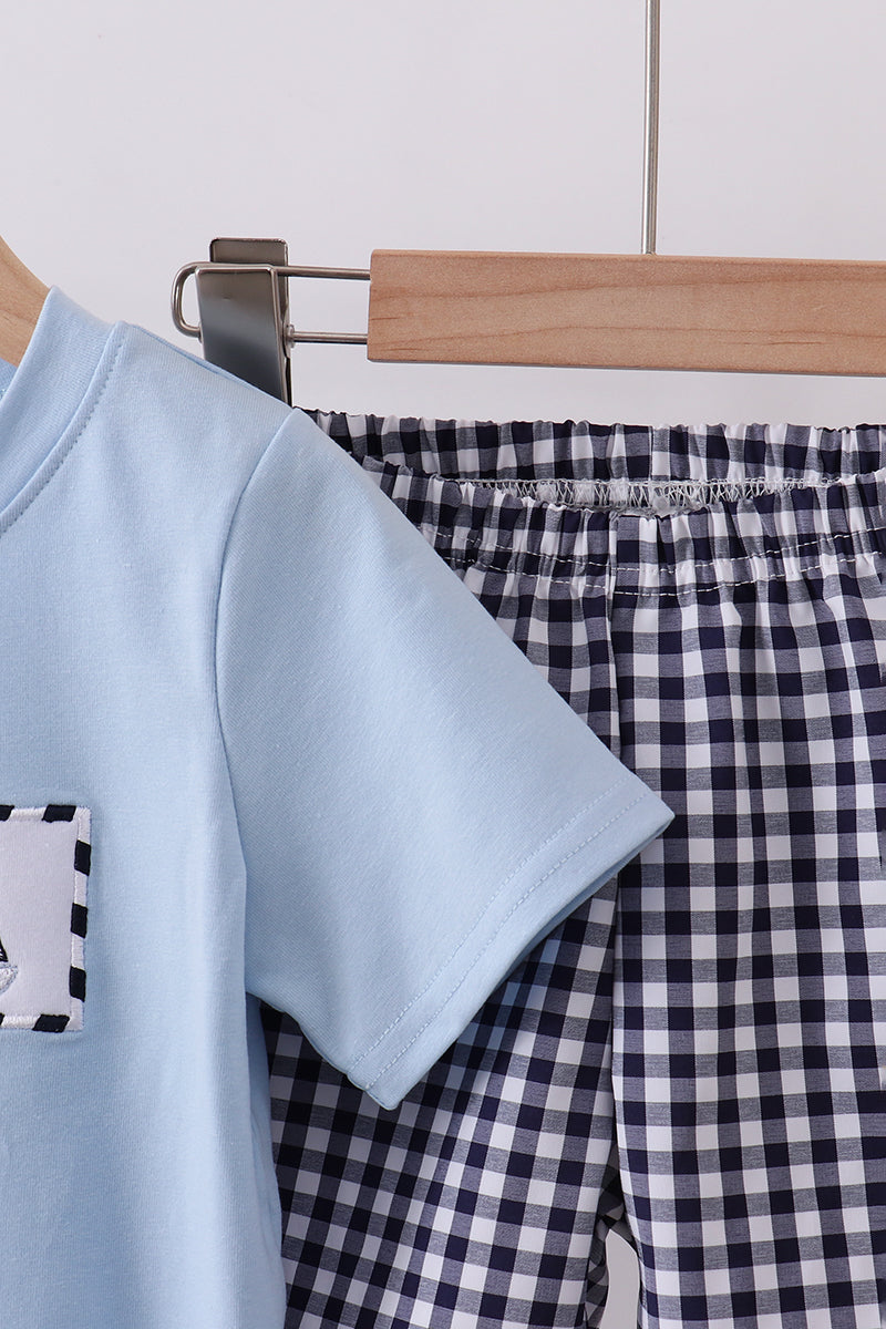 Blue Sailboat Embroidery Gingham Shorts Set Honeydew