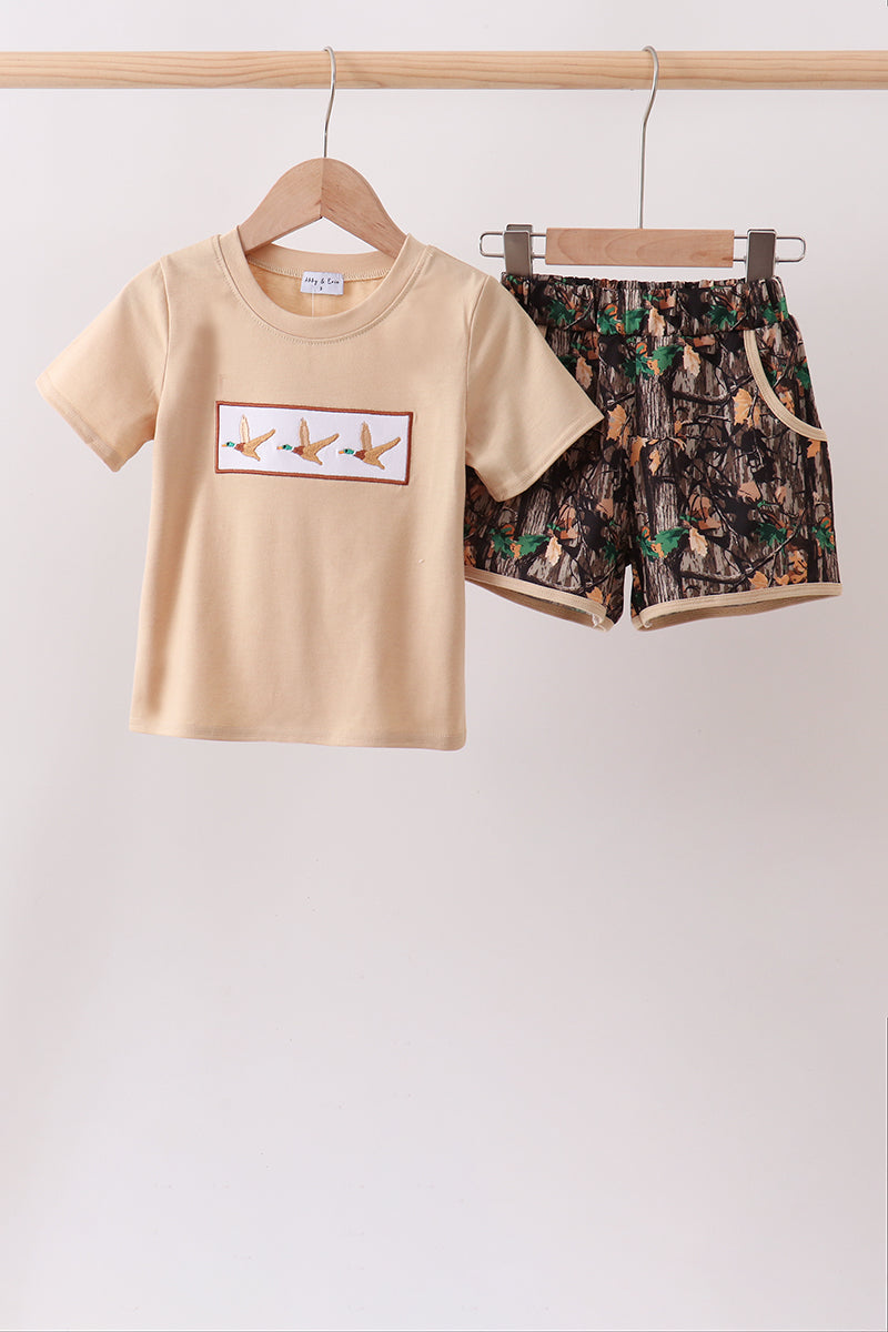 Tan Camo Duck Embroidered Boy Shorts Set Honeydew