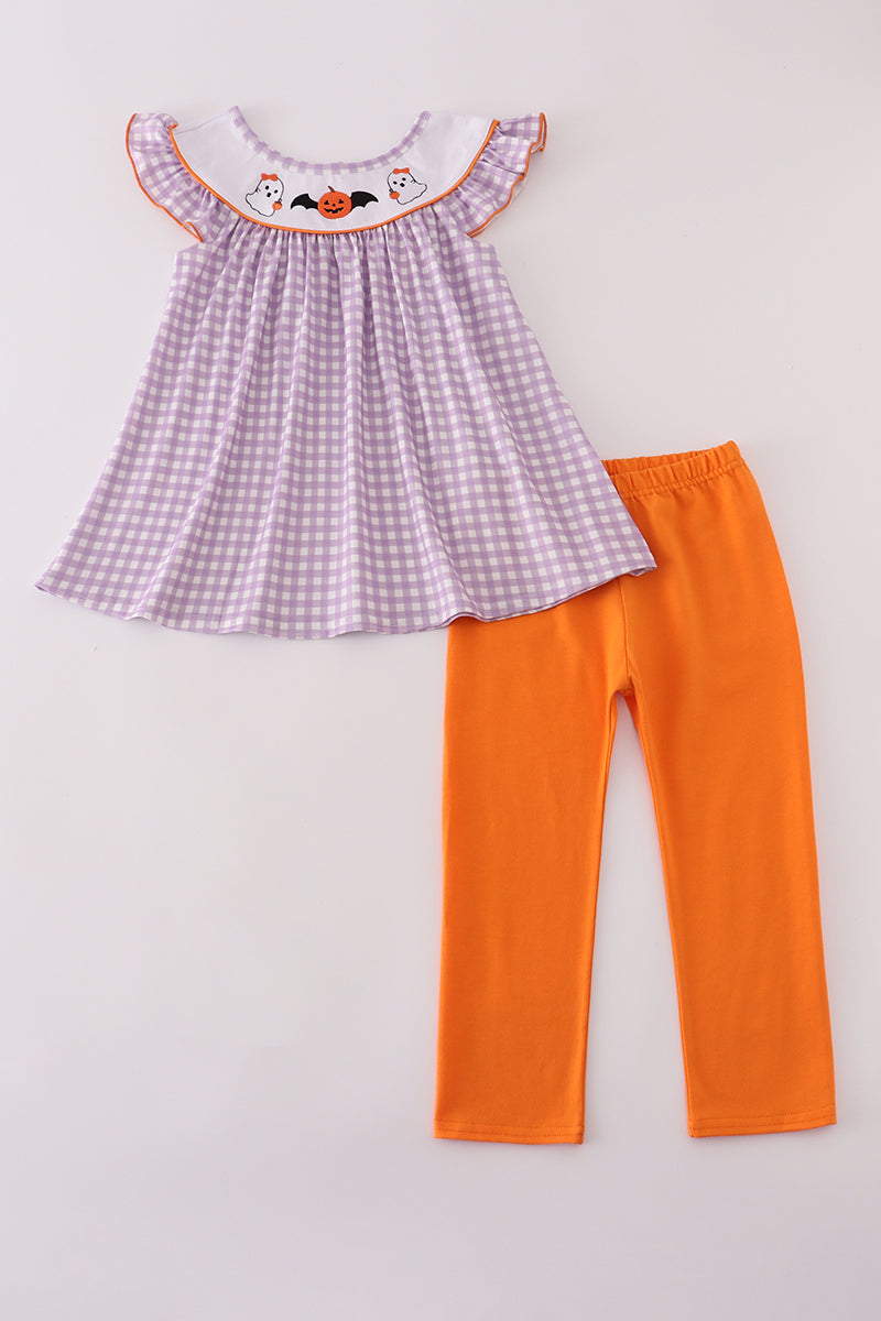 Purple Pumpkin Ghost Embroidery Pants Set Honeydew