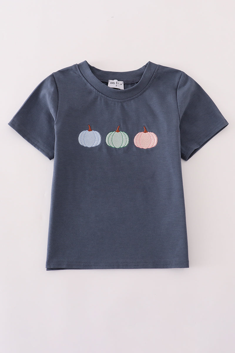 Blue Embroidery Three Pumpkins Boy Shirt Honeydew