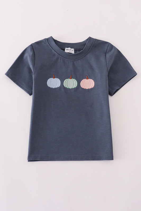 Blue Embroidery Three Pumpkins Boy Shirt Honeydew