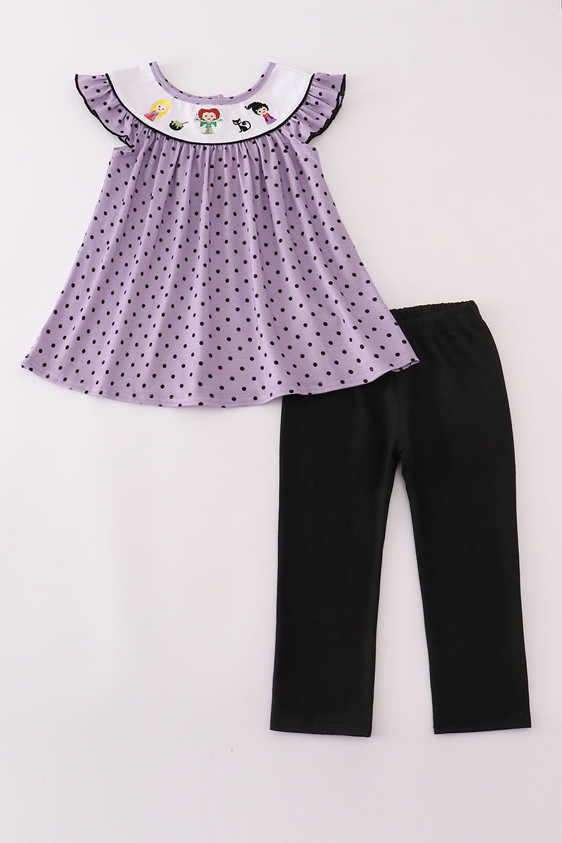 Purple Halloween Dot HP Witch Embroidery Pants Set Honeydew