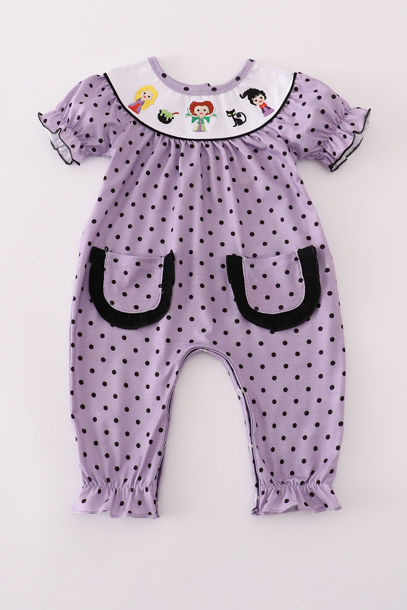Purple Halloween Dot HP Witch Embroidery Long Romper Honeydew