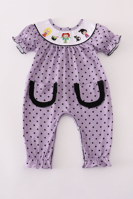 Purple Halloween Dot HP Witch Embroidery Long Romper Honeydew