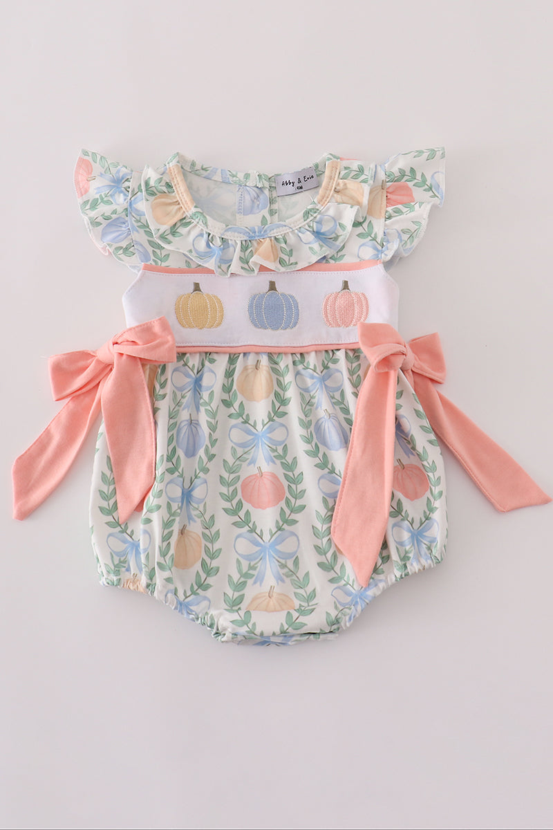 Coral Three Pumpkin Embroidery Girl Bow Romper Honeydew