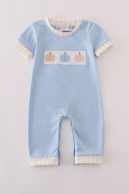 Blue Embroidery 3 Pumpkins Boy Romper Honeydew