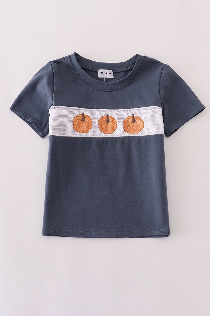 Navy Pumpkin Smocked Embroidered Smocked Boy Shirt Honeydew