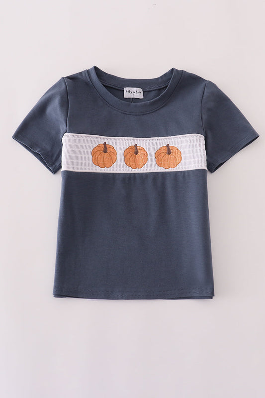 Navy Pumpkin Smocked Embroidered Smocked Boy Shirt Honeydew