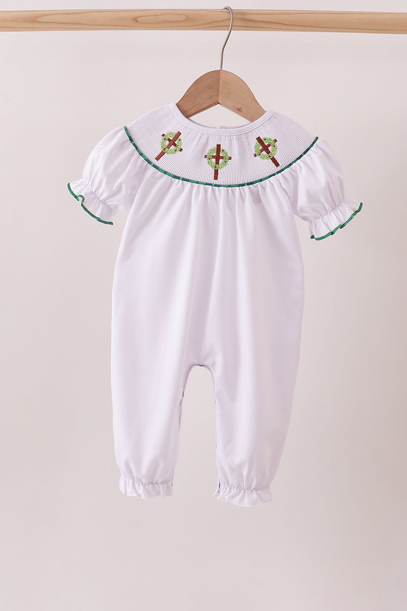 White Wreath Smocked Romper Honeydew