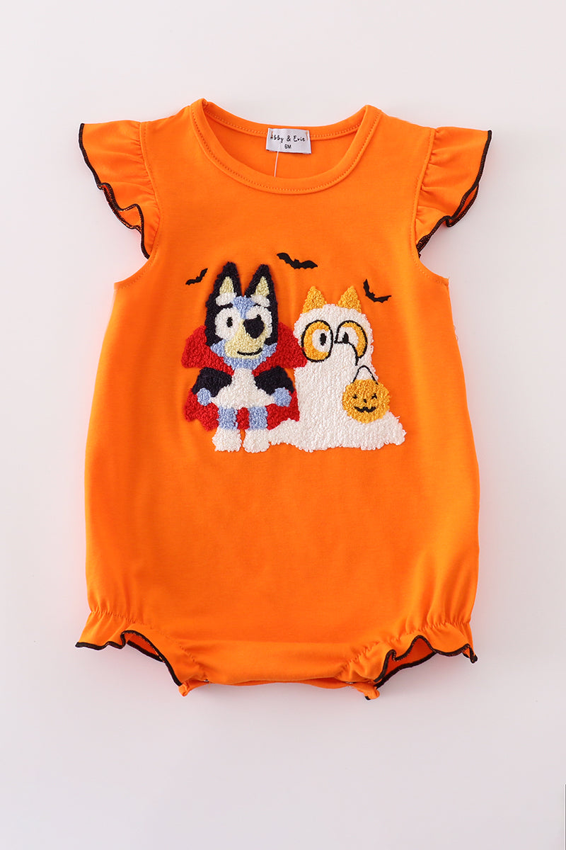 Orange Blue Dog Halloween French Knot Girl Romper Honeydew