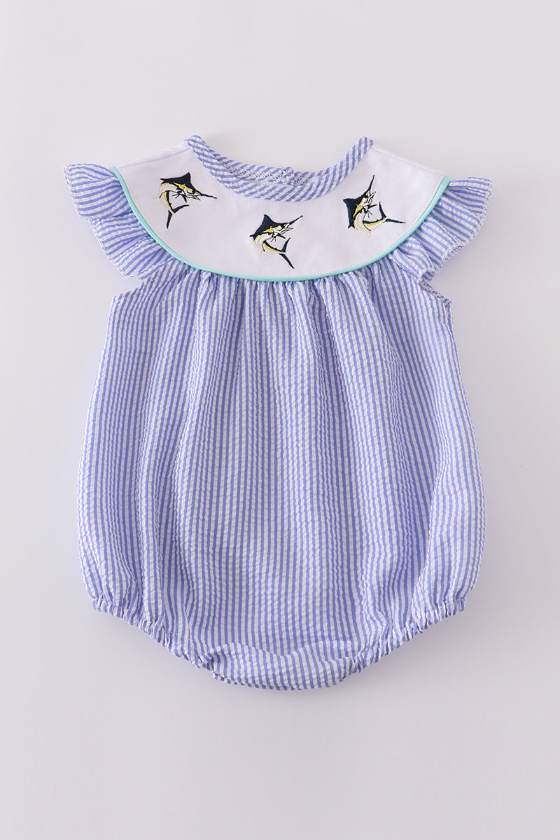 Blue Stripe Seersucker Embroidery Bubble Honeydew