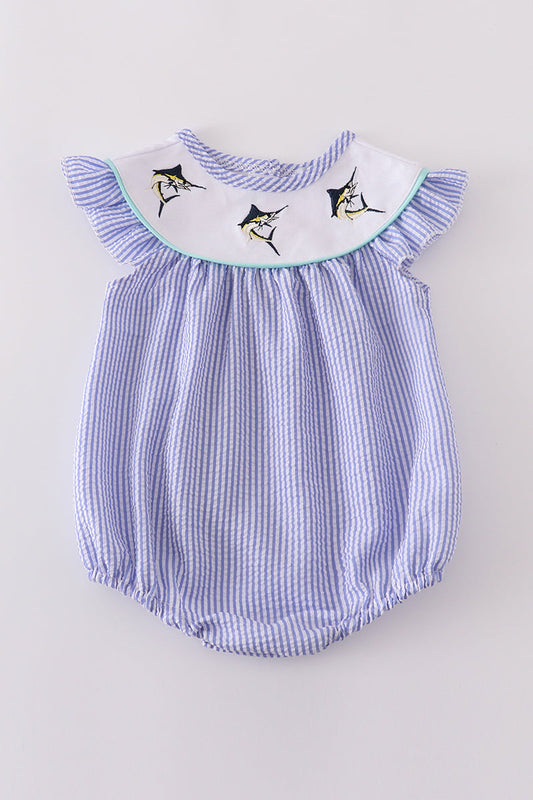 Blue Stripe Seersucker Embroidery Bubble Honeydew