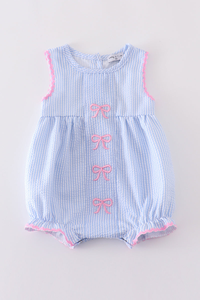 Bow Striped Seersucker Bow Embroidery Girl Bubble Honeydew