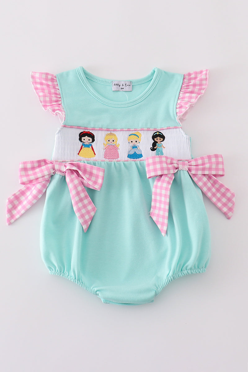 Blue Mint Princess Embroidery Gingham Bow Bubble Honeydew